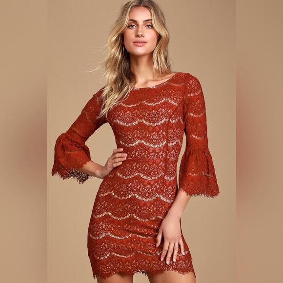 Lulus Heartthrob Rust Red Lace Flounce Sleeve Mini Dress Size Small - Picture 1 of 11